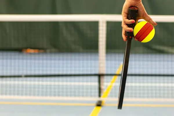 A TYPTI paddle and ball held at the net