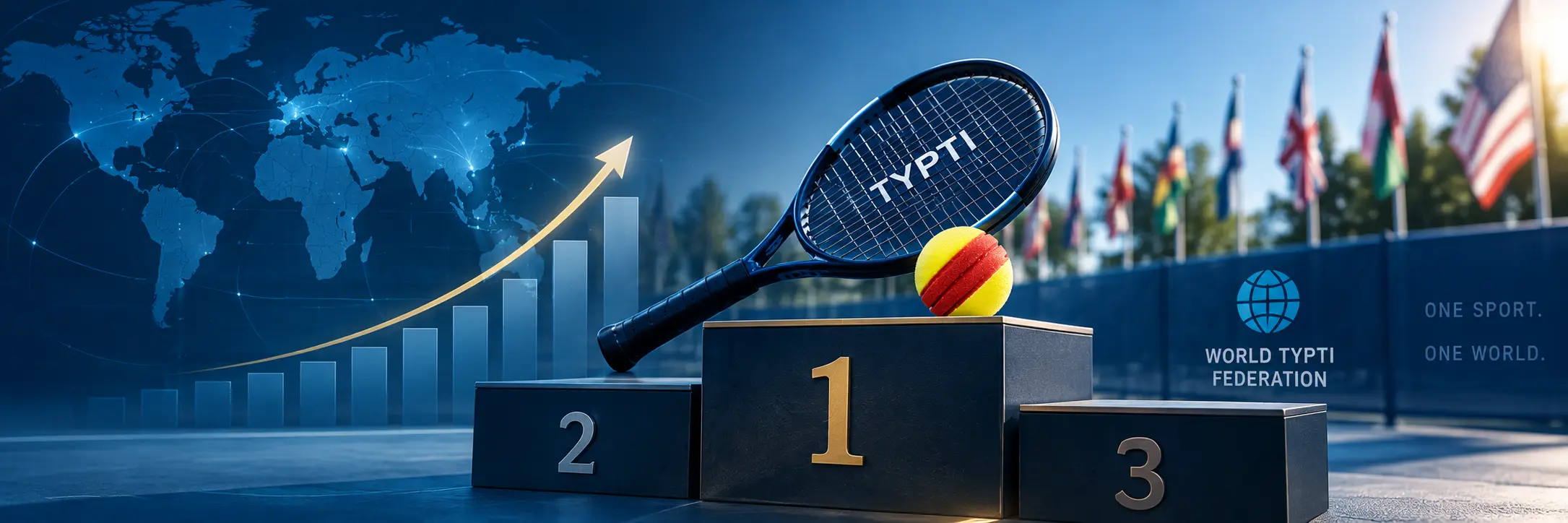 A TYPTI racket and ball resting on a championship podium