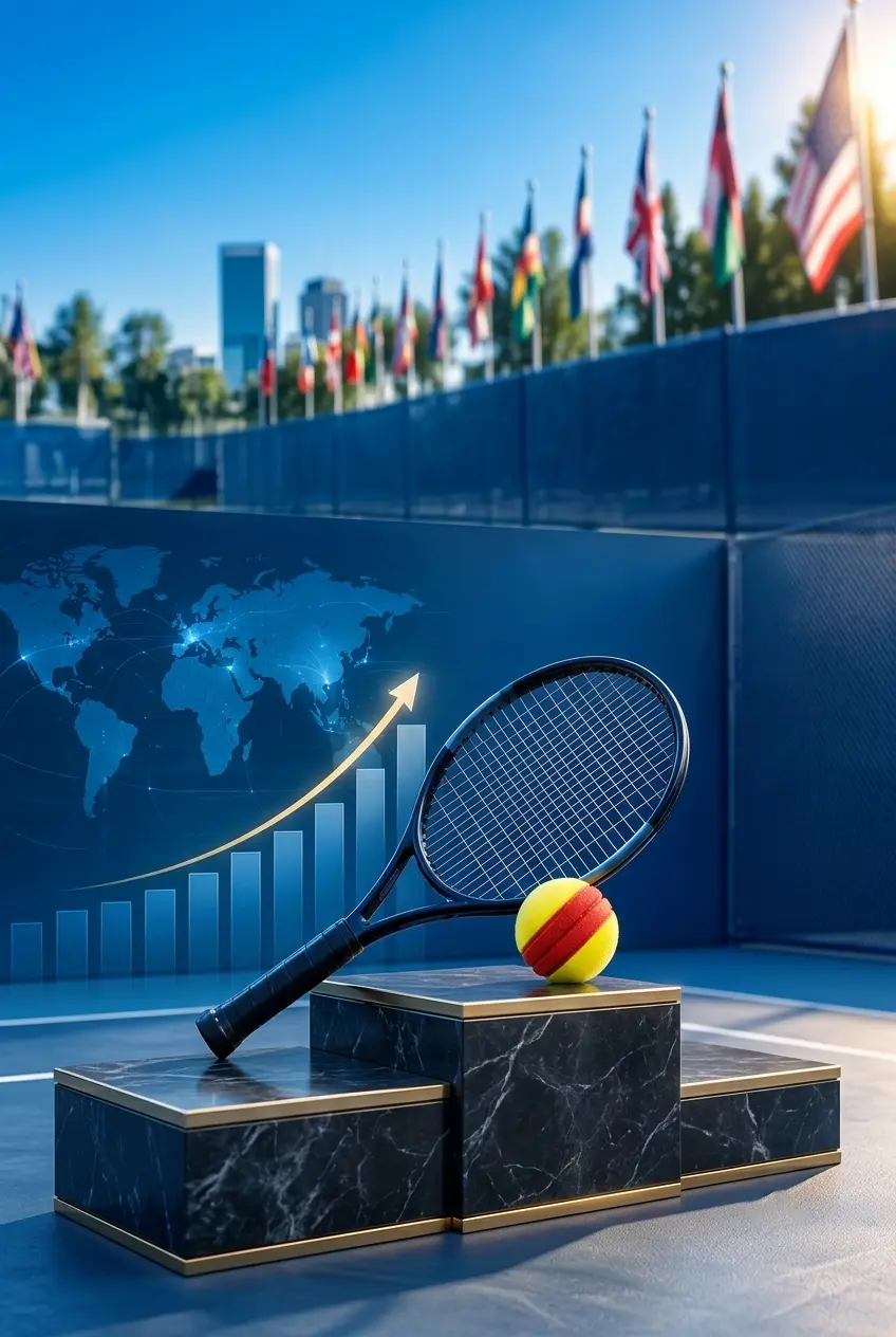 A TYPTI racket and ball resting on a championship podium