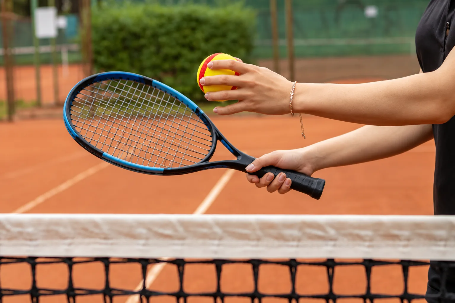 A TYPTI ball and racket held at the net